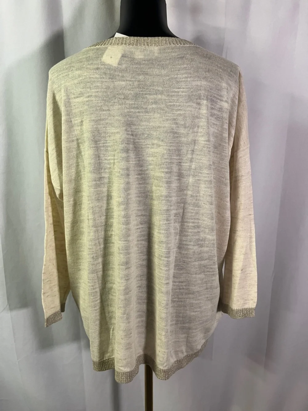 NWT LOFT Cream Gold Shimmer Trim 3/4 Sleeve Linen Blend Sweater